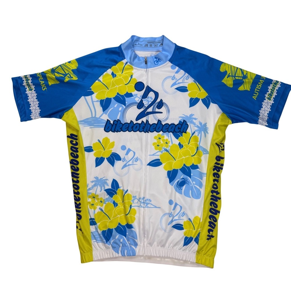Bike to the Beach Autism Speaks Cycling Jersey Mens Large Blue Yellow Tropical